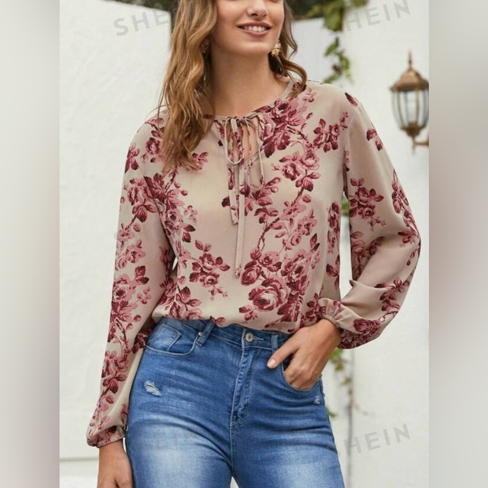 SHEIN Curve floral semi sheer blouse elastic at wrists puffy long sleeve size 4X
